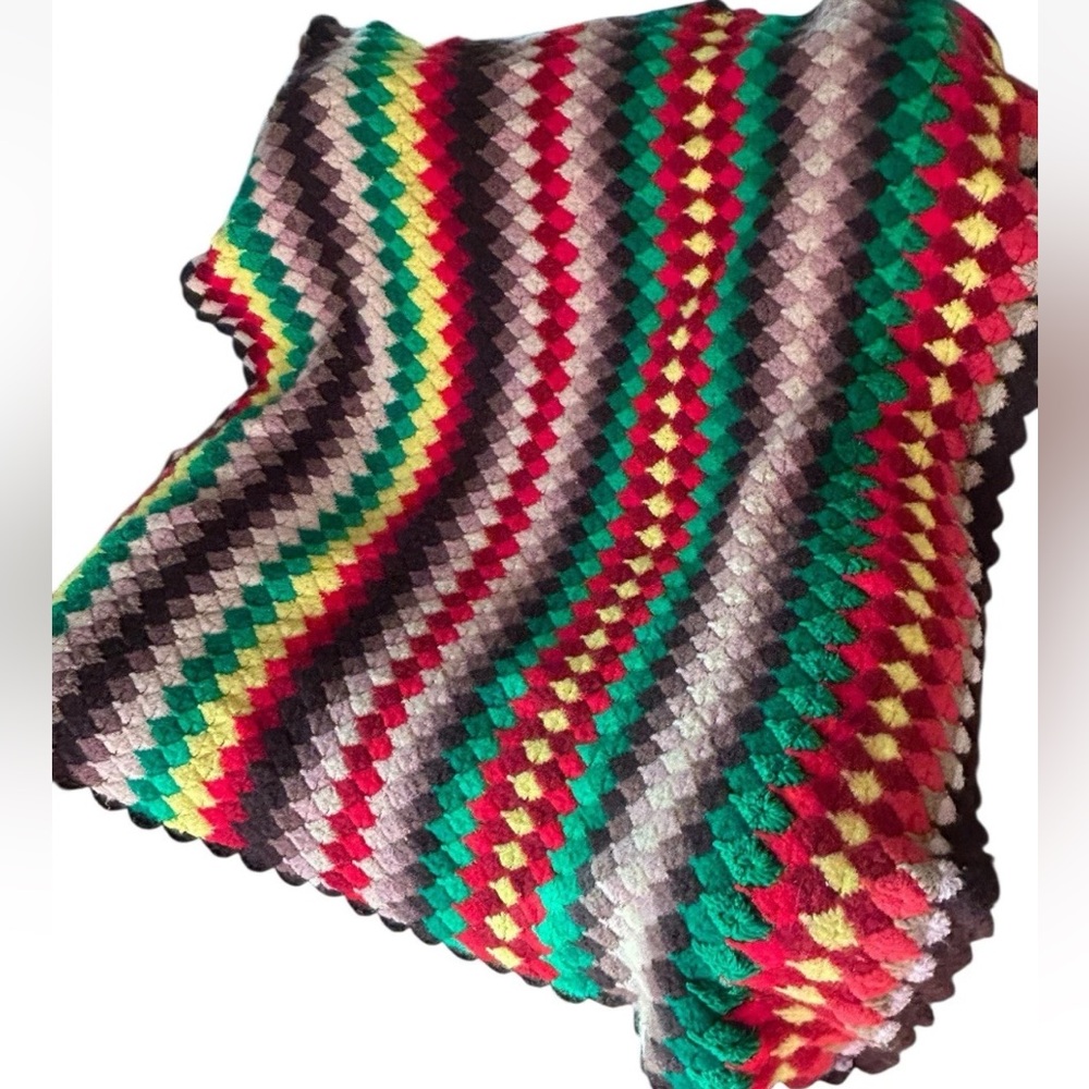 VTG Crochet Diamond Stitch Afghan Lap Red Green Multi 45 X 46” Thick